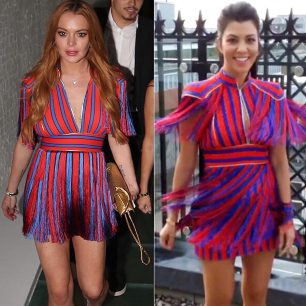 Red and blue fringe mini dress